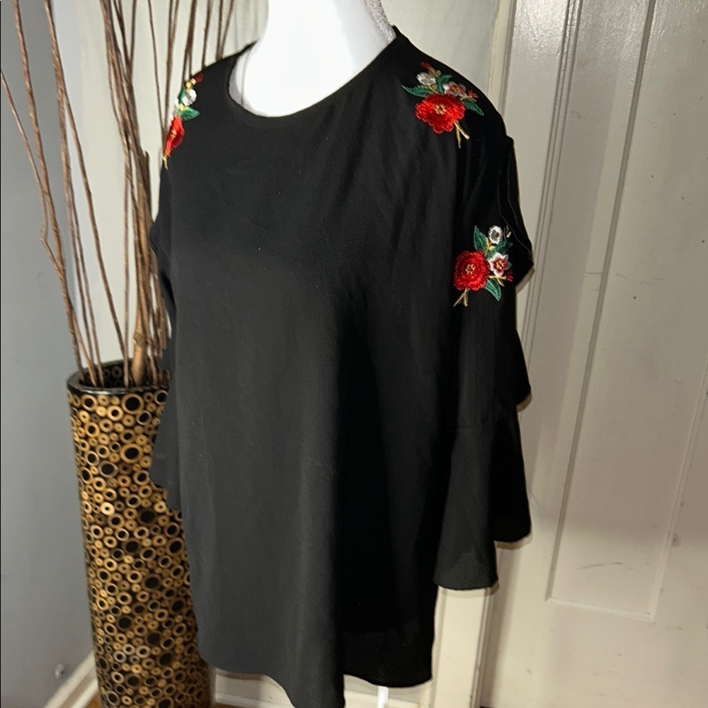 Red and Black Embellished Boxy Blouse